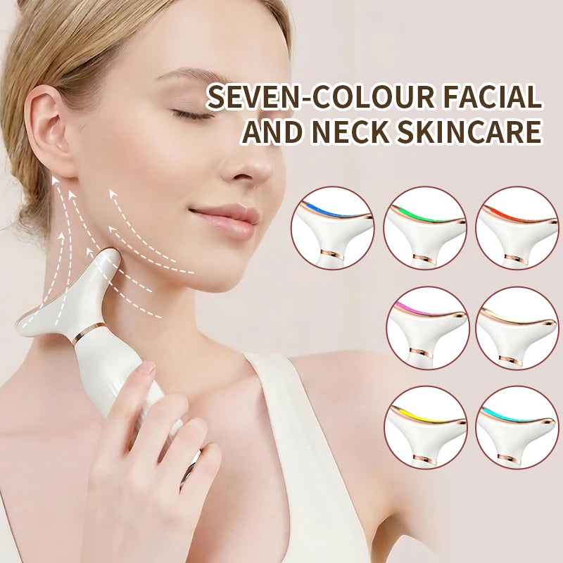 7 color LED light therapy face and neck massager device in white