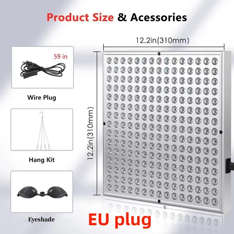 Red LED light therapy panel for facial skin care and pain relief, featuring 225 LED lights for anti-aging and physical therapy.