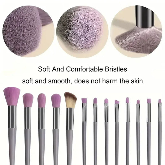 Set of 13 professional makeup brushes including foundation, eyeshadow, blush, and powder brushes from amzzonstore, with soft, fluffy bristles.