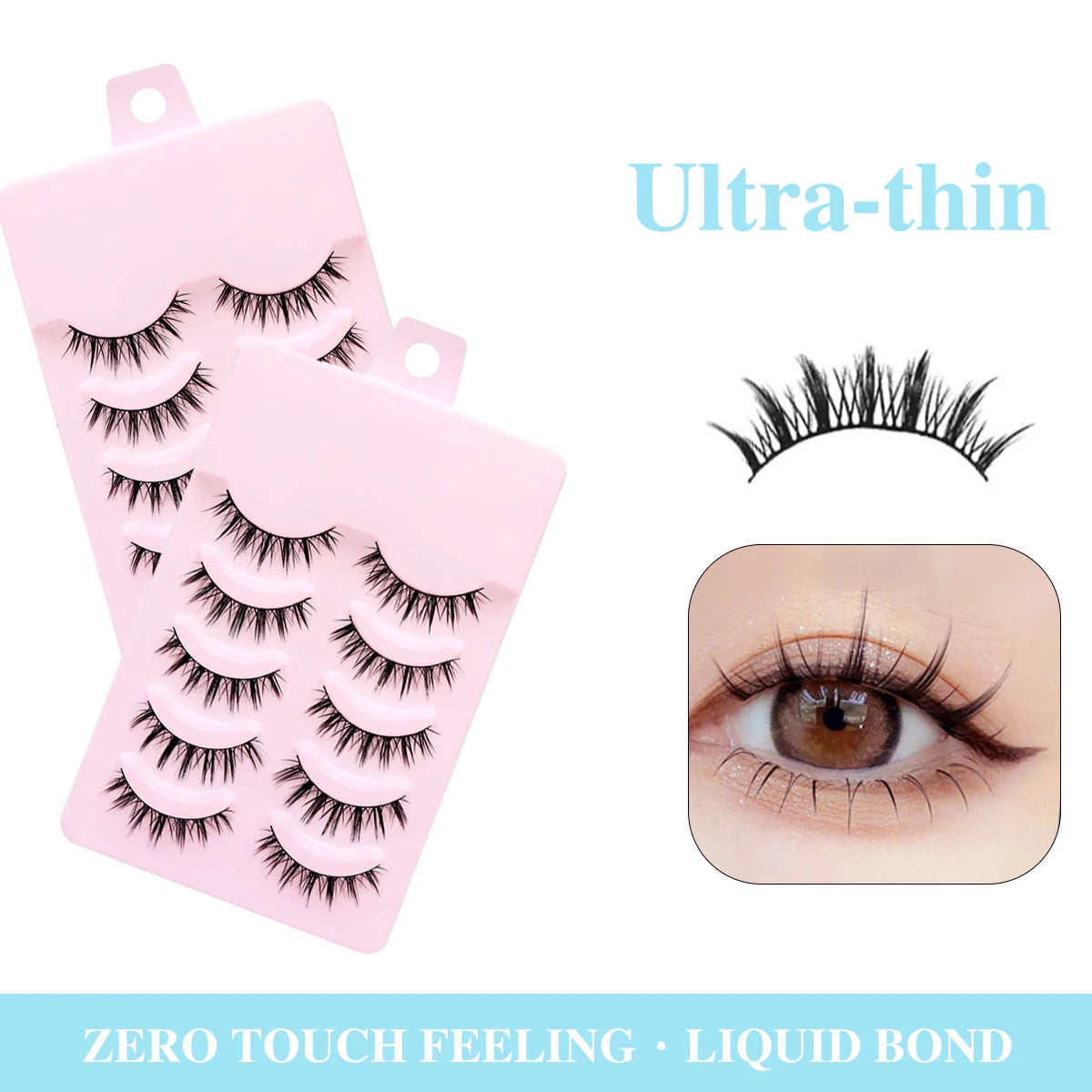 Sosweet 5 pairs natural long manga lashes for anime and Korean doll eye makeup.