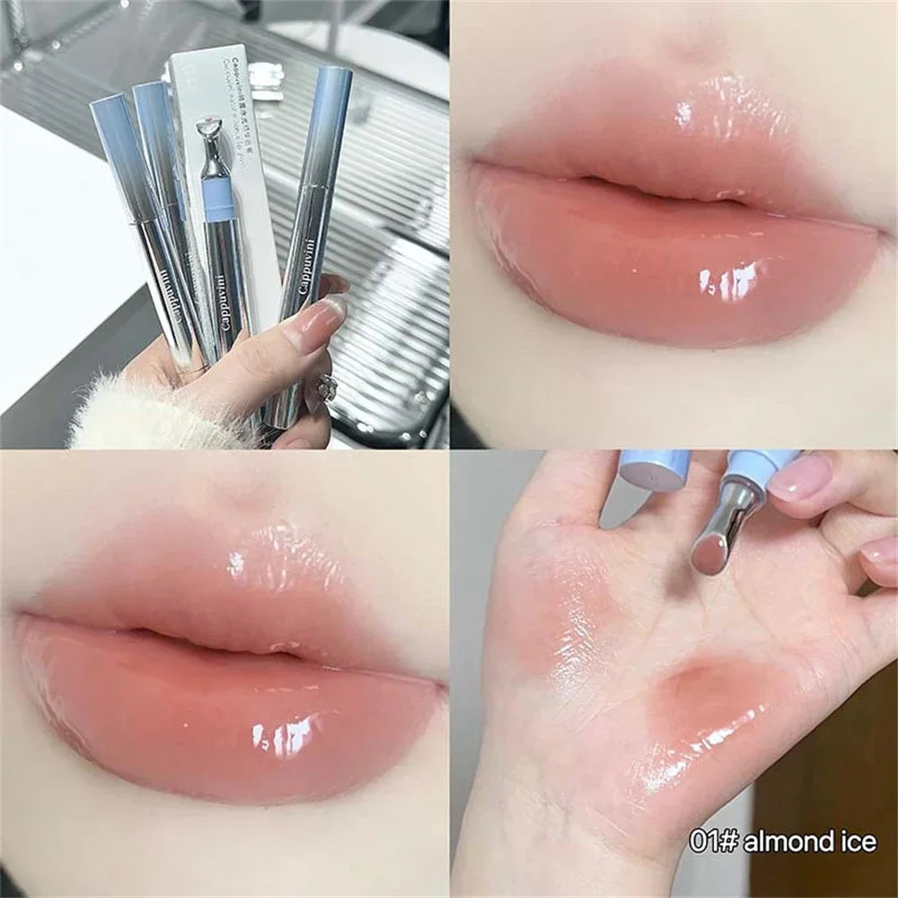 Amzzonstore Metal Head Ice Diamond Essence Lip Tint with mirror, water light glass finish, moisturizing and plumping lip gloss.