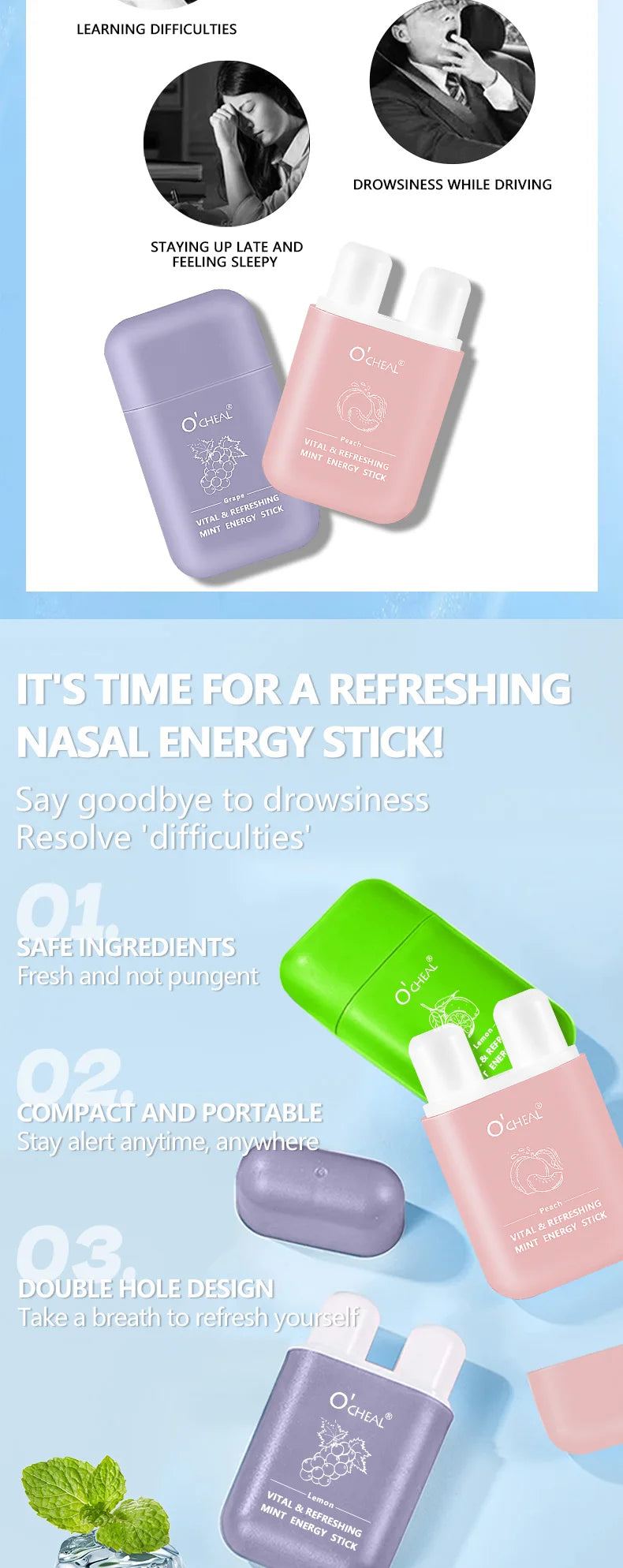 Amzzonstore O'cheal Energy Stick with double holes, fresh mint scent, energizing inhaler for fatigue relief and revitalization.