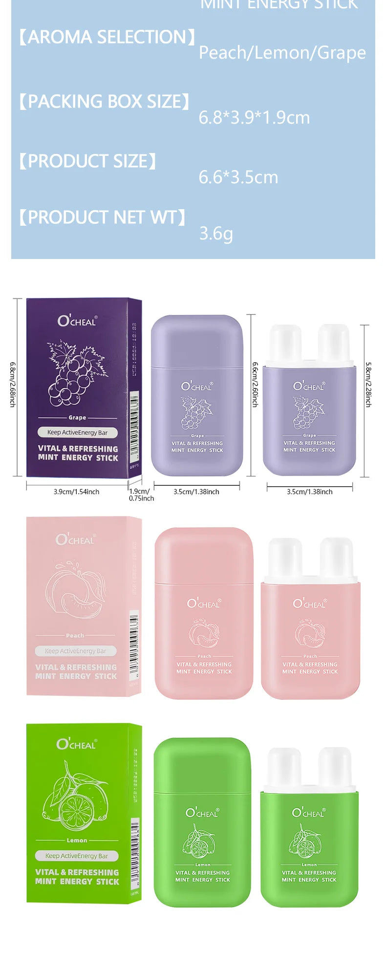 O'cheal Energy Stick by amzzonstore, fresh mint scent energizing inhaler with double hole design for fatigue relief and refreshing vapors.