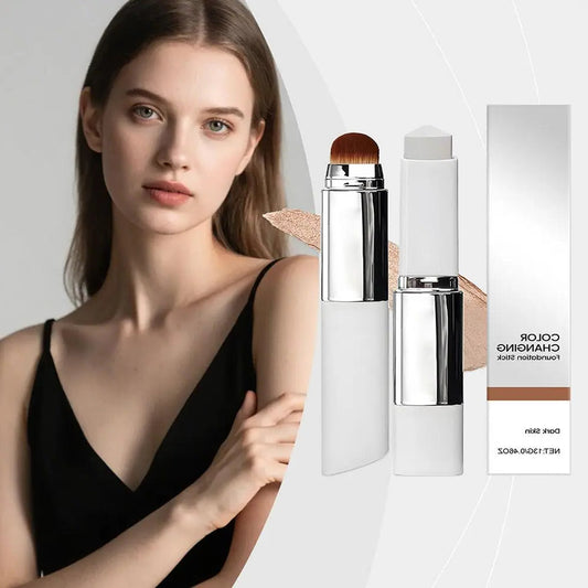 Color-changing 2-in-1 foundation stick by amzzonstore showing a sleek, lightweight liquid formula for all skin types, brightening and moisturizing.