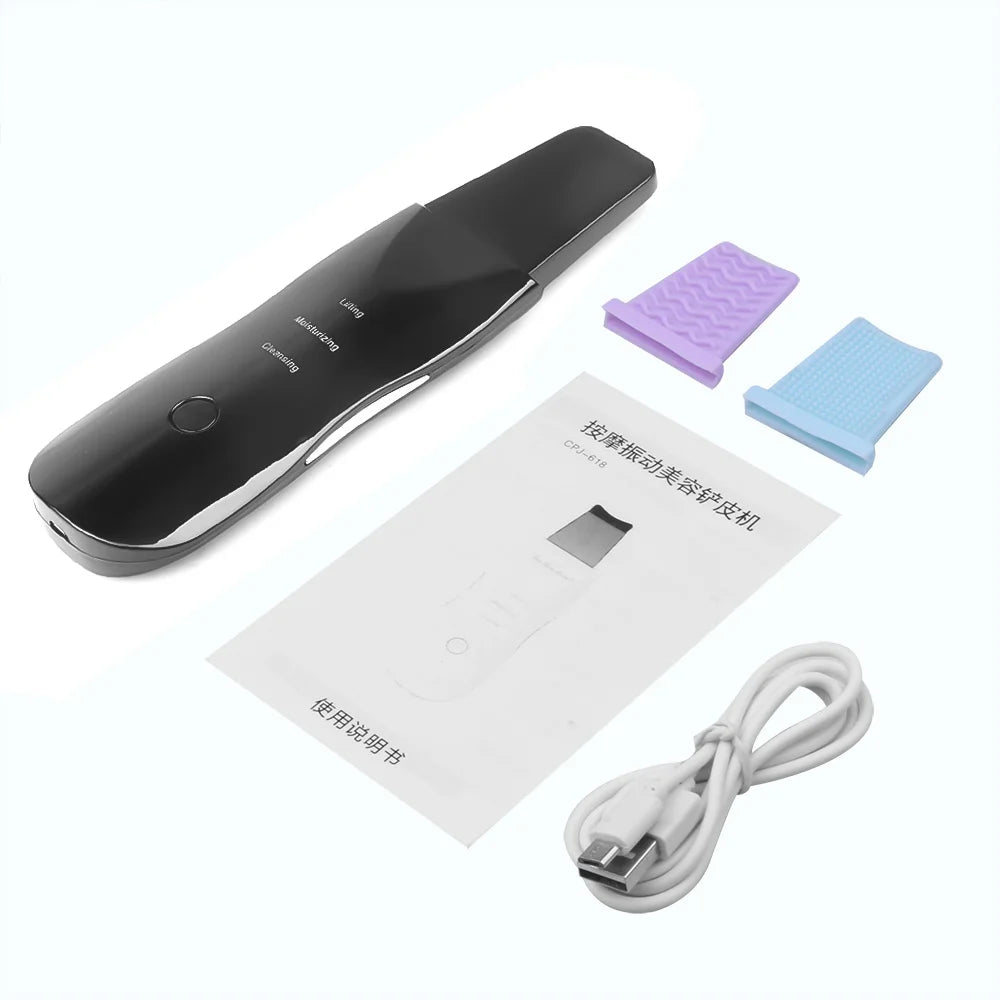 Ultrasonic Skin Scrubber device for facial cleansing, featuring a sleek handheld design for deep pore cleansing and skin exfoliation.