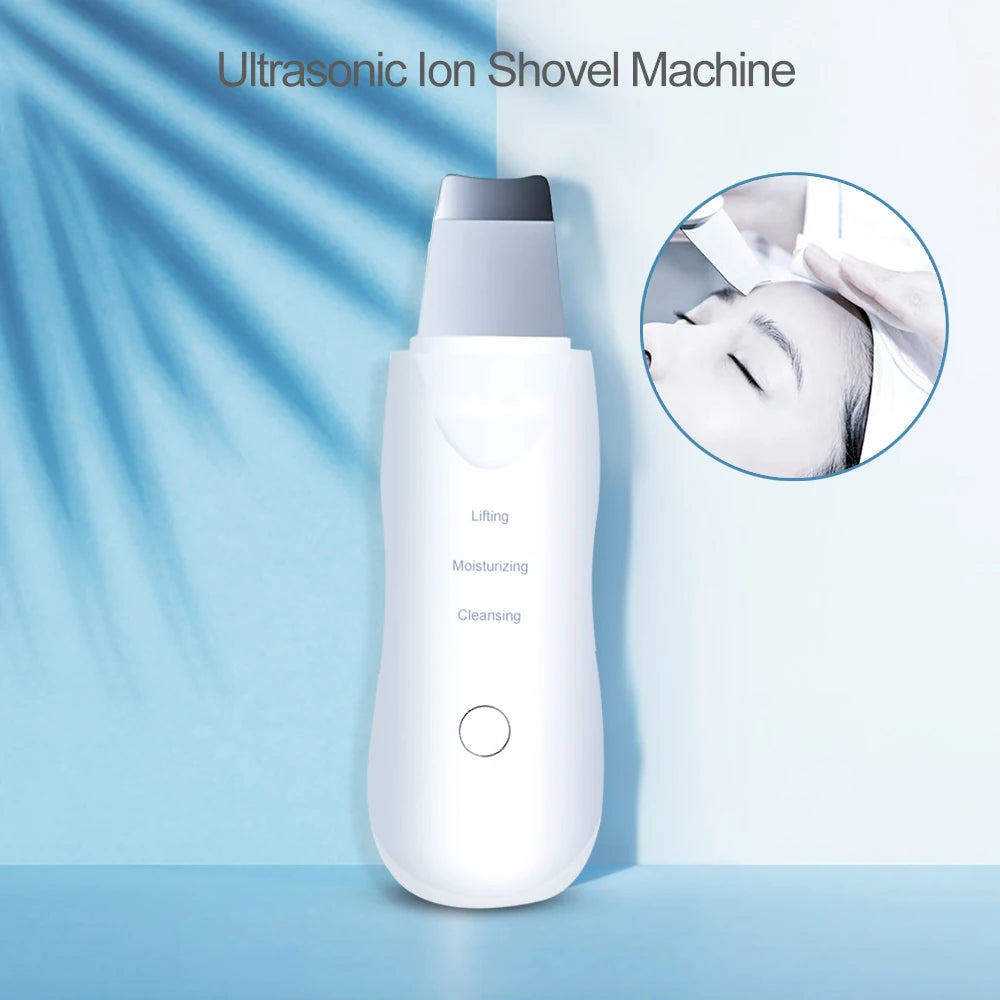 Ultrasonic Skin Scrubber device for facial cleansing, showing the handheld tool with a metal spatula tip for deep skin exfoliation.