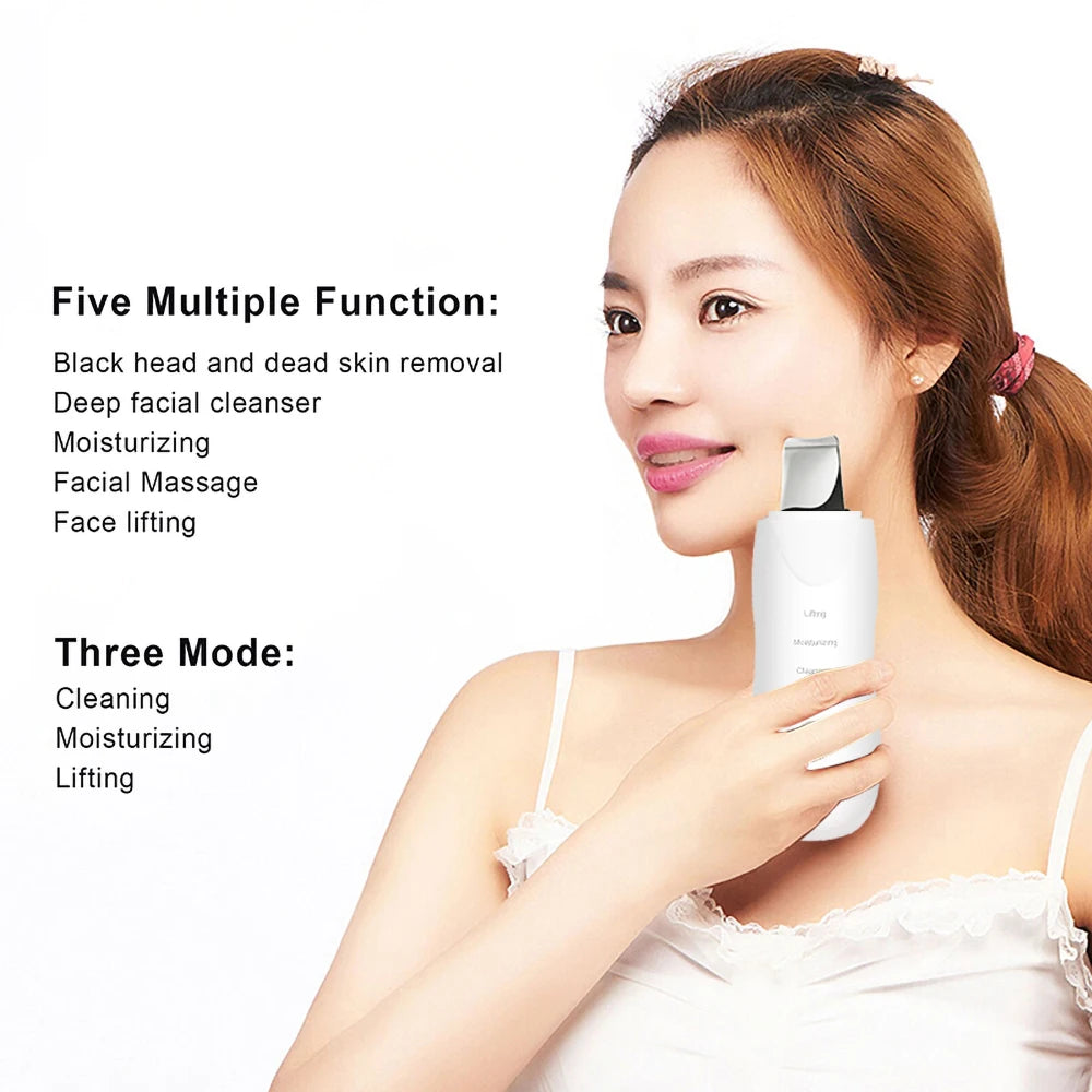 Ultrasonic skin scrubber device for facial cleansing, featuring a sleek handheld design for deep pore cleaning and exfoliation.