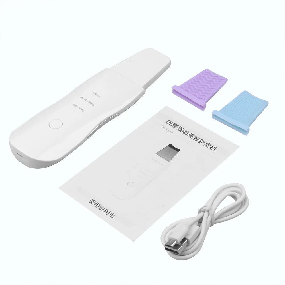 Ultrasonic skin scrubber device from Health & Beauty for facial cleansing, featuring a sleek handheld design with metal spatula tip.