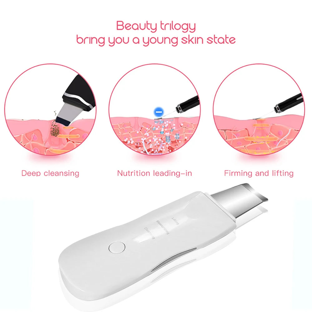 Ultrasonic skin scrubber device for facial cleansing, showing a sleek handheld tool used for deep skin exfoliation and pore cleaning.