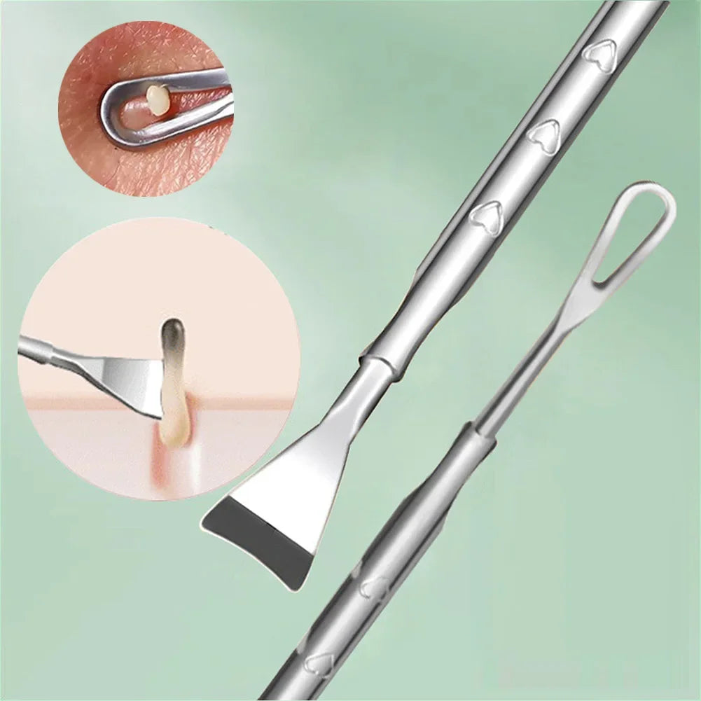Double head stainless steel blackhead remover tool with black and silver tips, designed for facial blemish and pimple extraction.