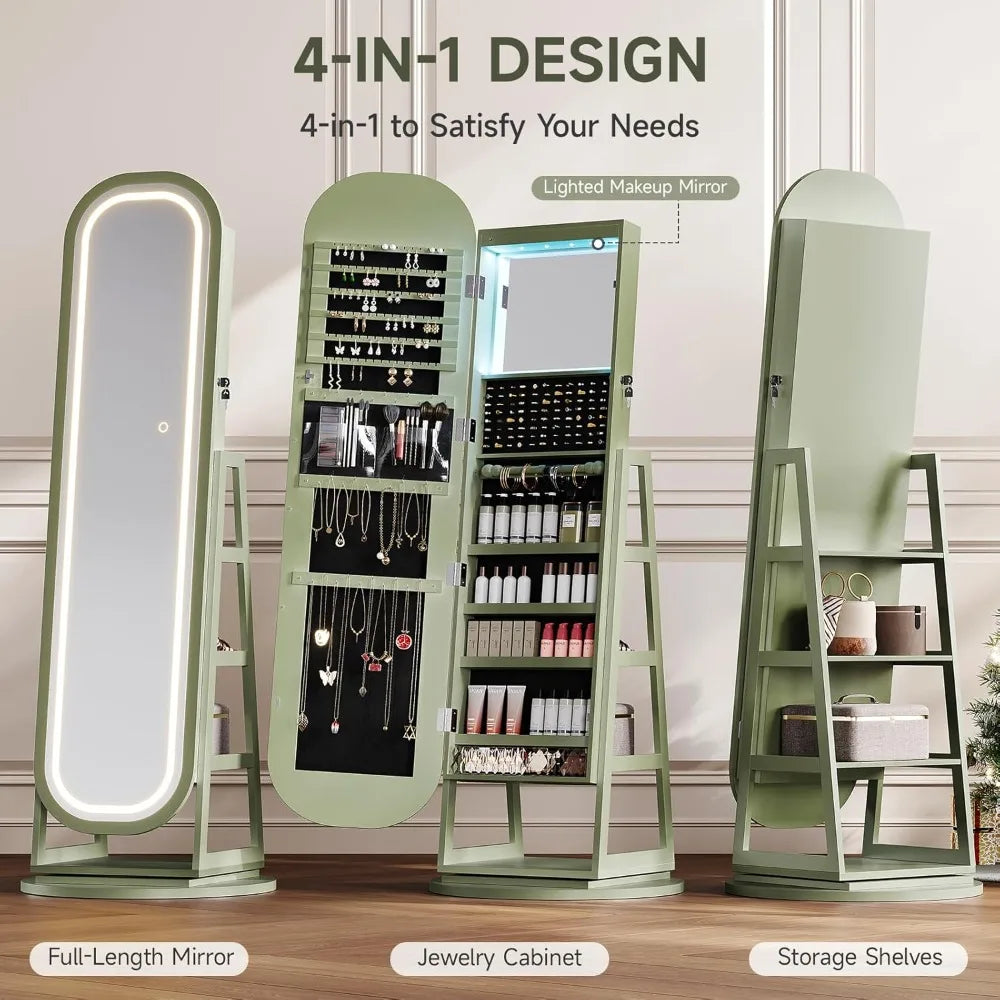 Amzzonstore 360° swivel jewelry mirror cabinet with lights, interior makeup mirror, standing jewelry armoire organizer.
