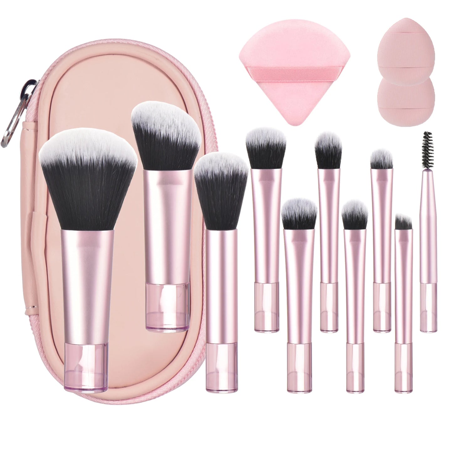 Set of 10 pink mini travel makeup brushes by amzzonstore, including a palm brush and makeup puffs for portable professional makeup application.