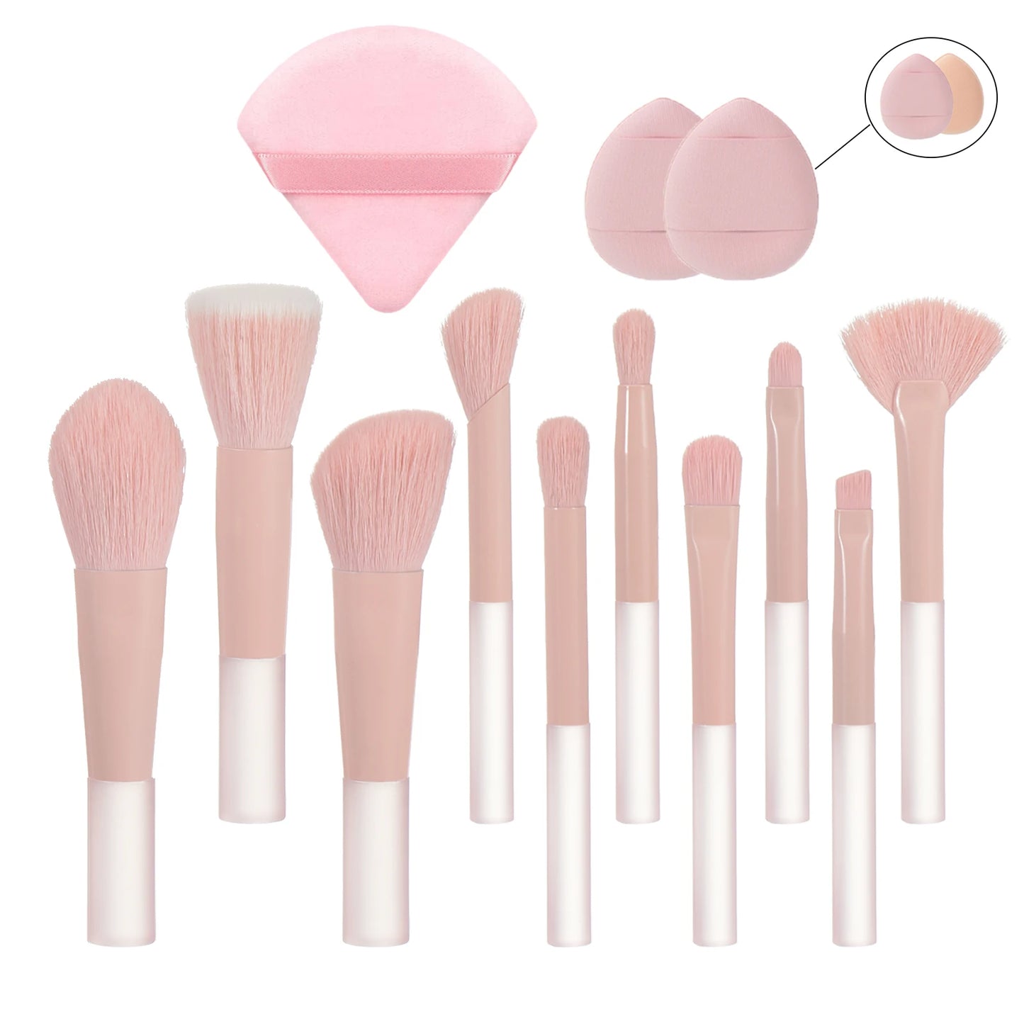 Set of 10 pink mini portable makeup brushes with puffs from amzzonstore, ideal for travel and professional makeup application.