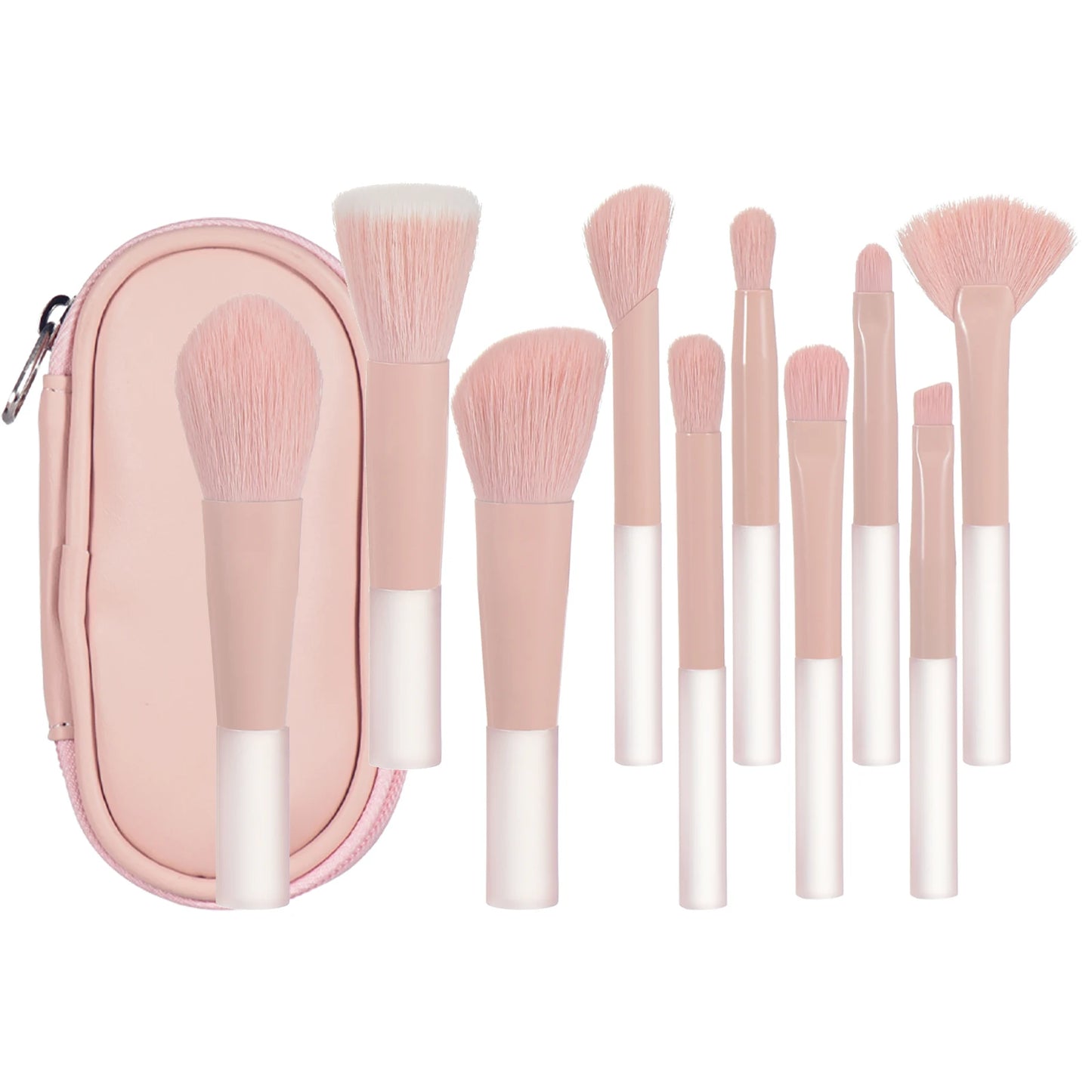 Set of 10 pink mini portable makeup brushes and puffs from amzzonstore, ideal for travel and professional makeup application.