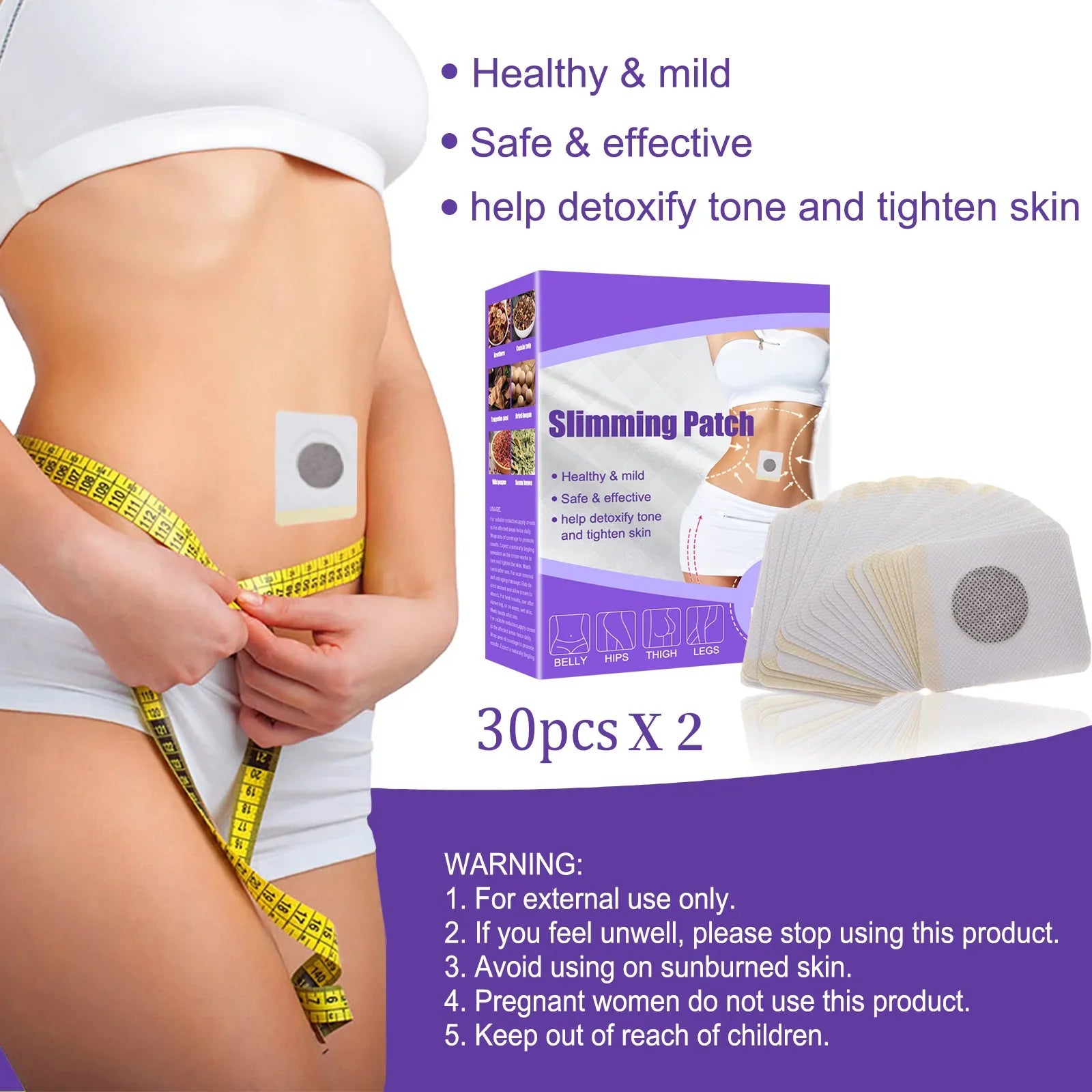 Herbal Slim Belly Patch from amzzon.store showing a close-up of the detoxifying and slimming patches on skin.