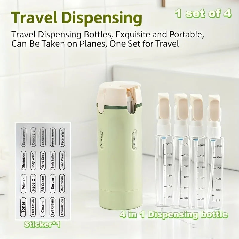 Amzzonstore 4-in-1 emulsion dispenser bottle with labels, travel toiletry container, minimalist design, compact for travel use