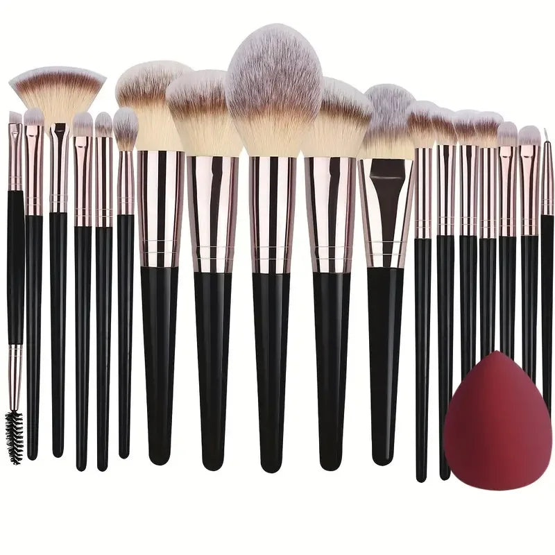Set of 20 professional makeup brushes by amzzonstore, including eyeshadow, foundation, concealer, blush, and kabuki brushes.