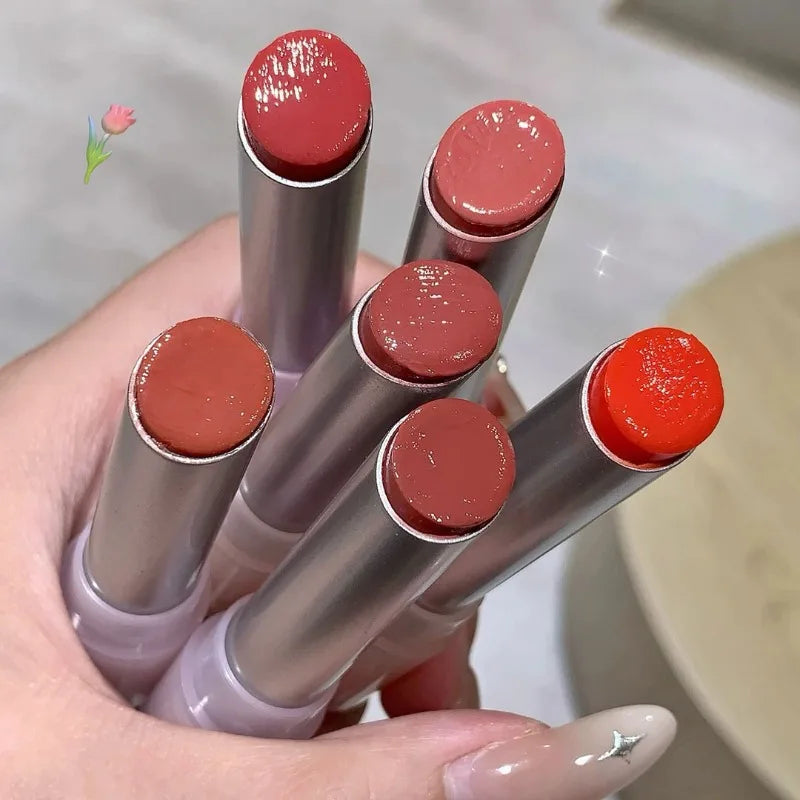 Amzzonstore water light round tube lip gloss with natural nude peach tint, moisturizing jelly lipstick, and glossy finish.