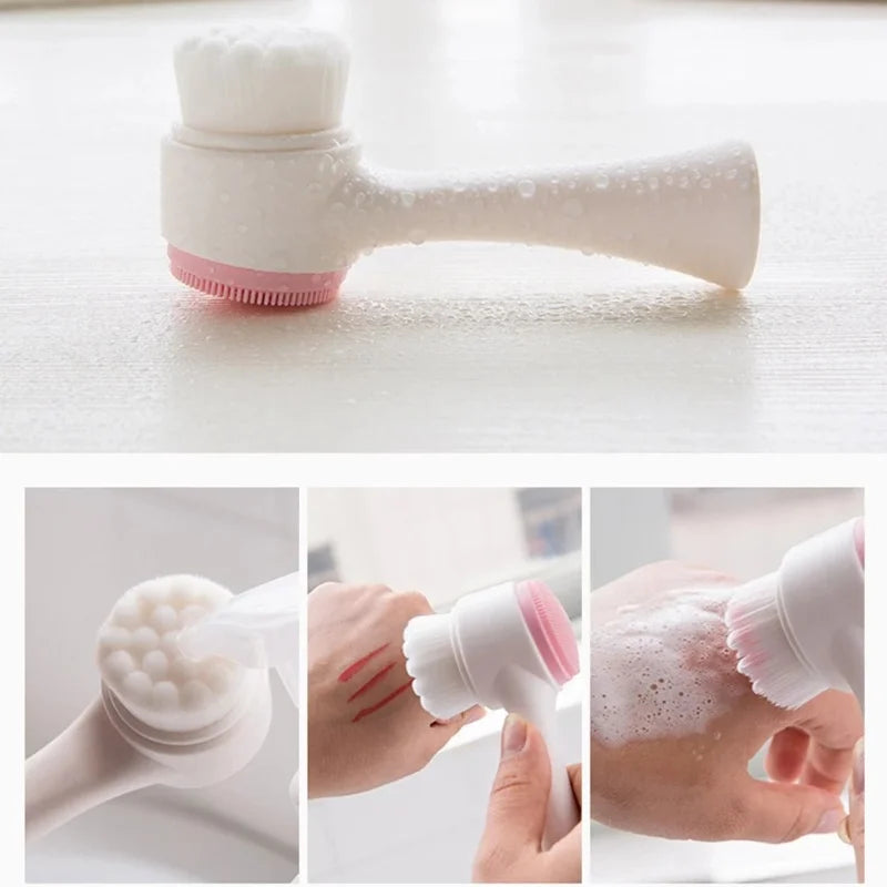 3D double-sided silicone facial cleansing brush by amzzon.store, showing textured sides for gentle exfoliation and deep pore cleaning.