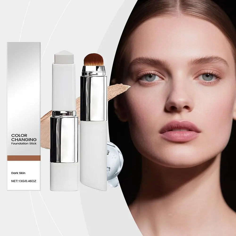 Amzzonstore 2-in-1 color-changing foundation stick with moisturizing, brightening liquid formula for all skin types, shown in a sleek applicator.