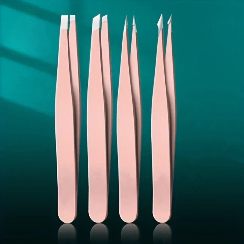Set of four OLOEY professional stainless steel eyebrow tweezers for precise facial hair and splinter removal.