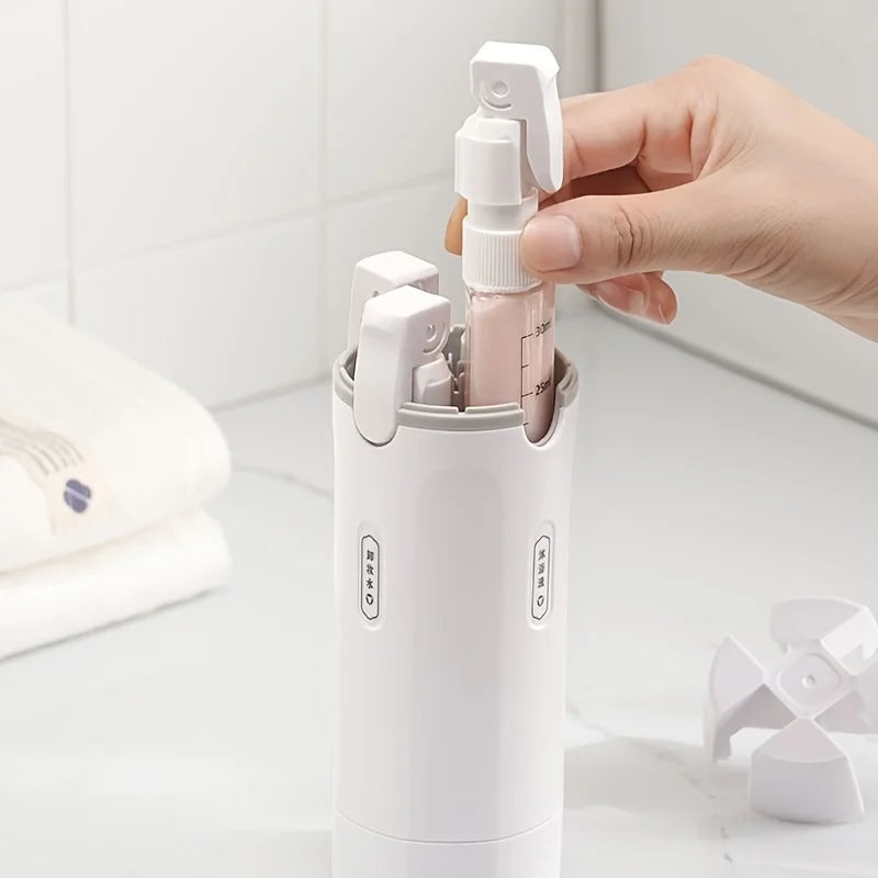 Amzzonstore 4-in-1 emulsion dispenser bottle with labels, travel toiletry container, minimalist design for skincare products.