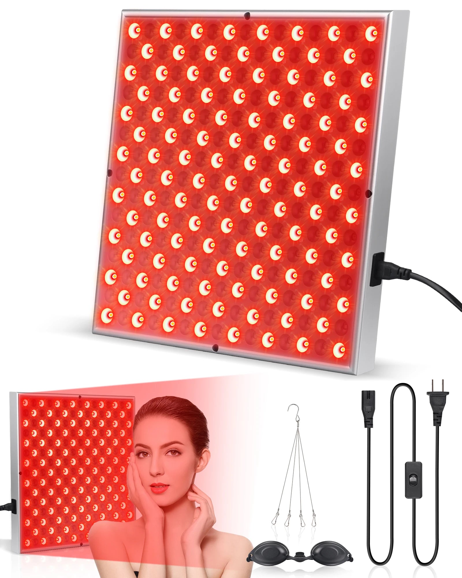 LED red light therapy panel lamp for facial skin care and pain relief, featuring 225 LEDs for anti-aging and physical therapy.