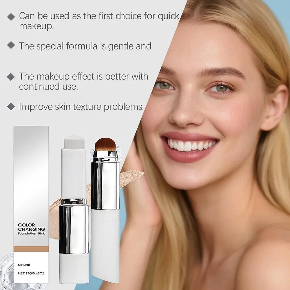 Amzzonstore 2-in-1 color-changing foundation stick with liquid, lightweight, moisturizing, and brightening formula for all skin types.