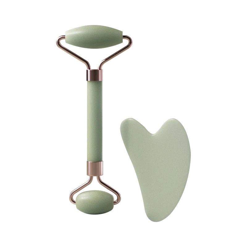 Resin facial roller and Gua Sha scraping board set with face, neck, and eye massager tools for skin wellness.