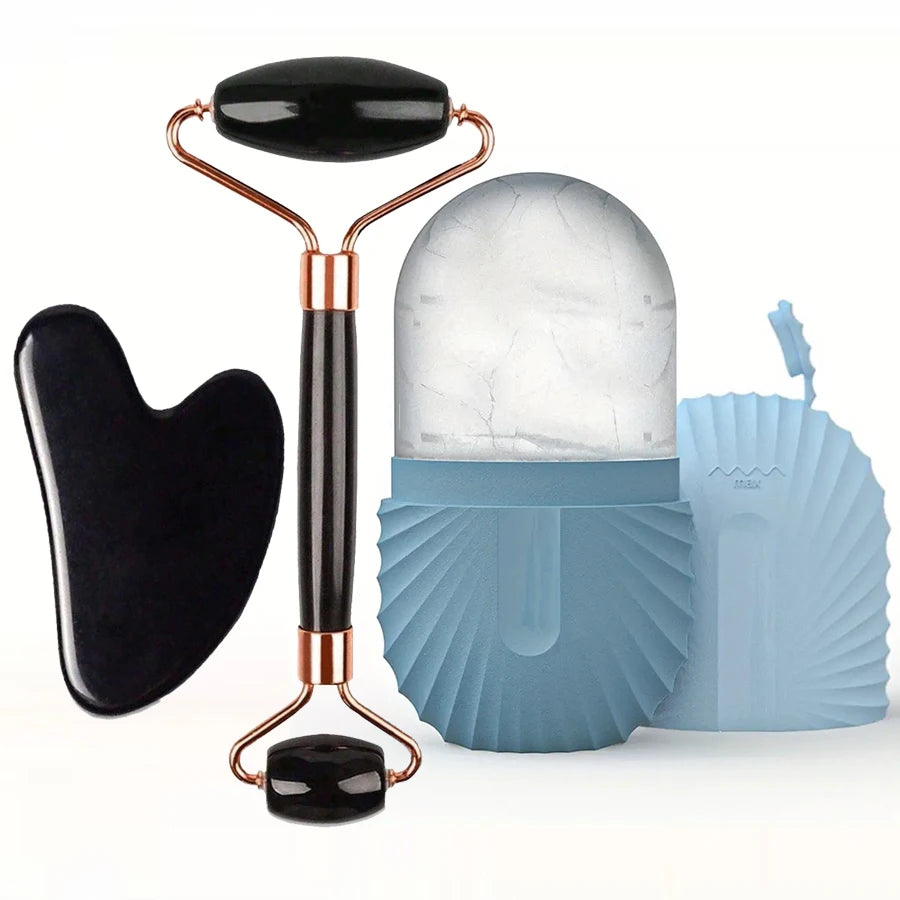 Set of 1, 2, or 3 ice face rollers and gua sha facial tools for skincare, face massage, lifting, and contouring from amzzonstore.