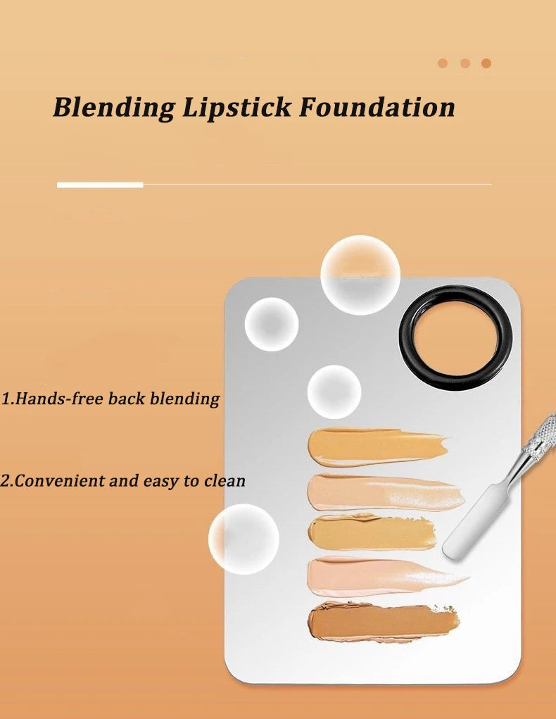 Stainless steel makeup mixing palette with spatula and mixing stick, ideal for foundation, lipstick, eye shadow application.