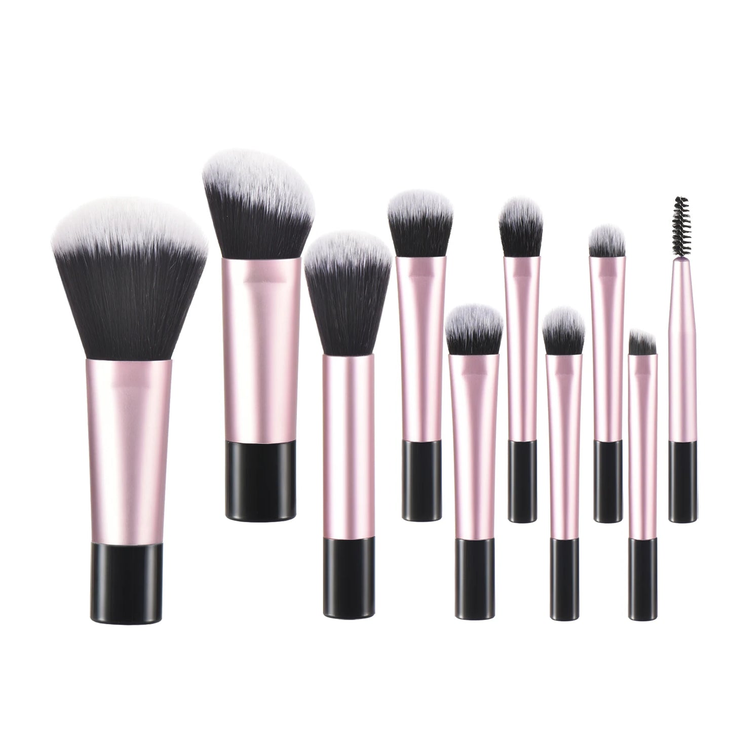 Set of 10 pink mini makeup brushes from amzzonstore, portable palm-sized makeup tools and puffs for professional makeup application.