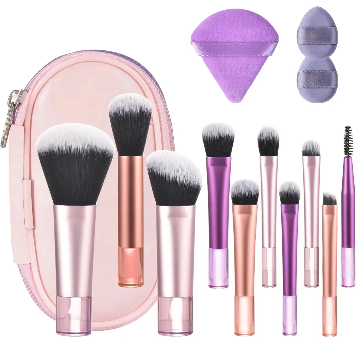 Set of 10 pink mini portable makeup brushes from amzzonstore, including palm brushes and makeup puffs for travel and professional use.