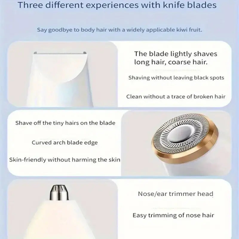 Amzzonstore 3-in-1 electric hair removal set with nose hair trimmer for nose, underarm, and leg hair, USB rechargeable device.
