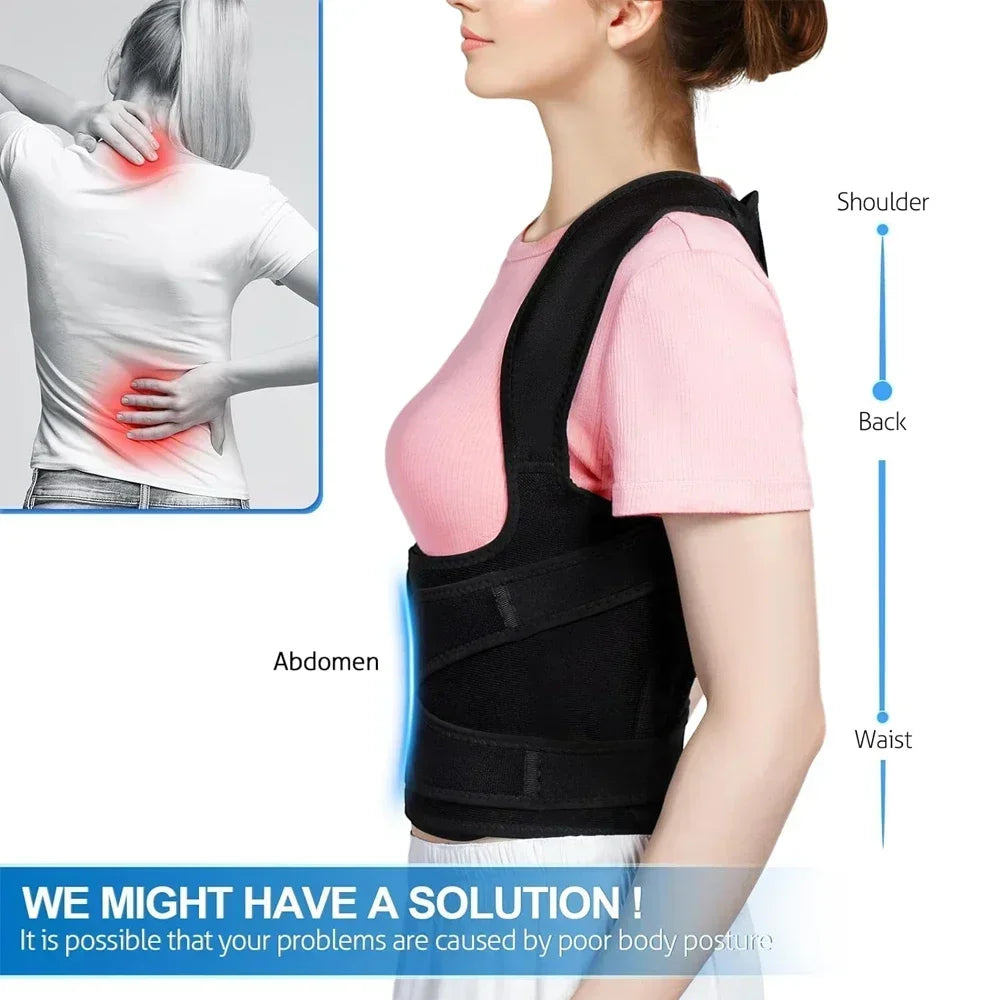Adjustable posture corrector back brace for men and women with orthopedic straps supporting upper and spinal back alignment.