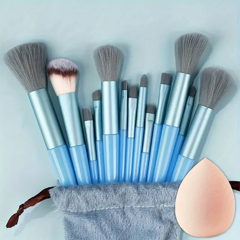 Professional 13-piece makeup brushes set by amzzonstore, including foundation, eyeshadow, blush, and powder brushes with soft fluffy bristles.