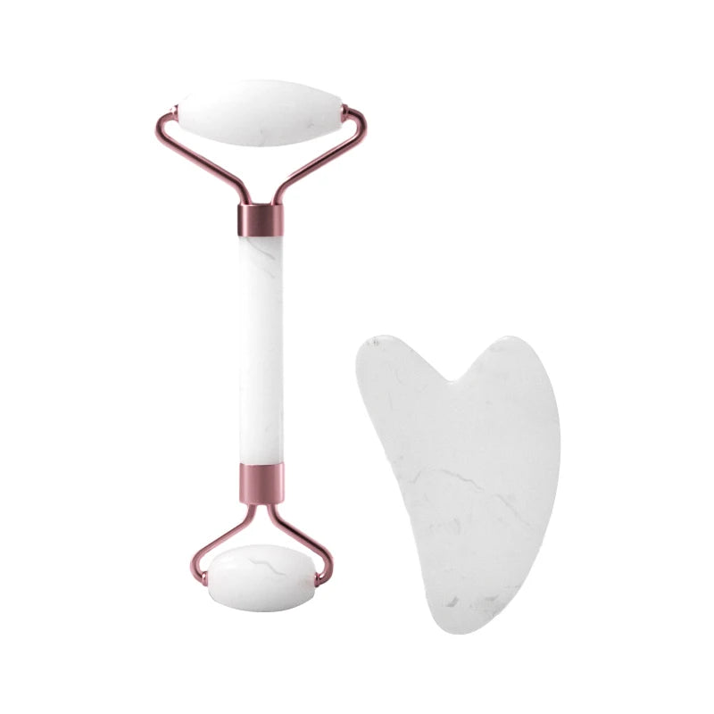 Resin facial roller and Gua Sha scraping board set for face, neck, and eye massage, promoting skin wellness and rejuvenation.