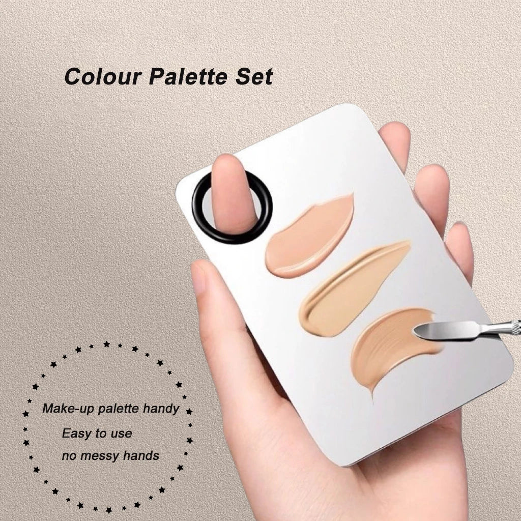 Stainless steel makeup mixing palette with spatula and mixing stick, ideal for foundation, lipstick, eye shadow, and beauty application.