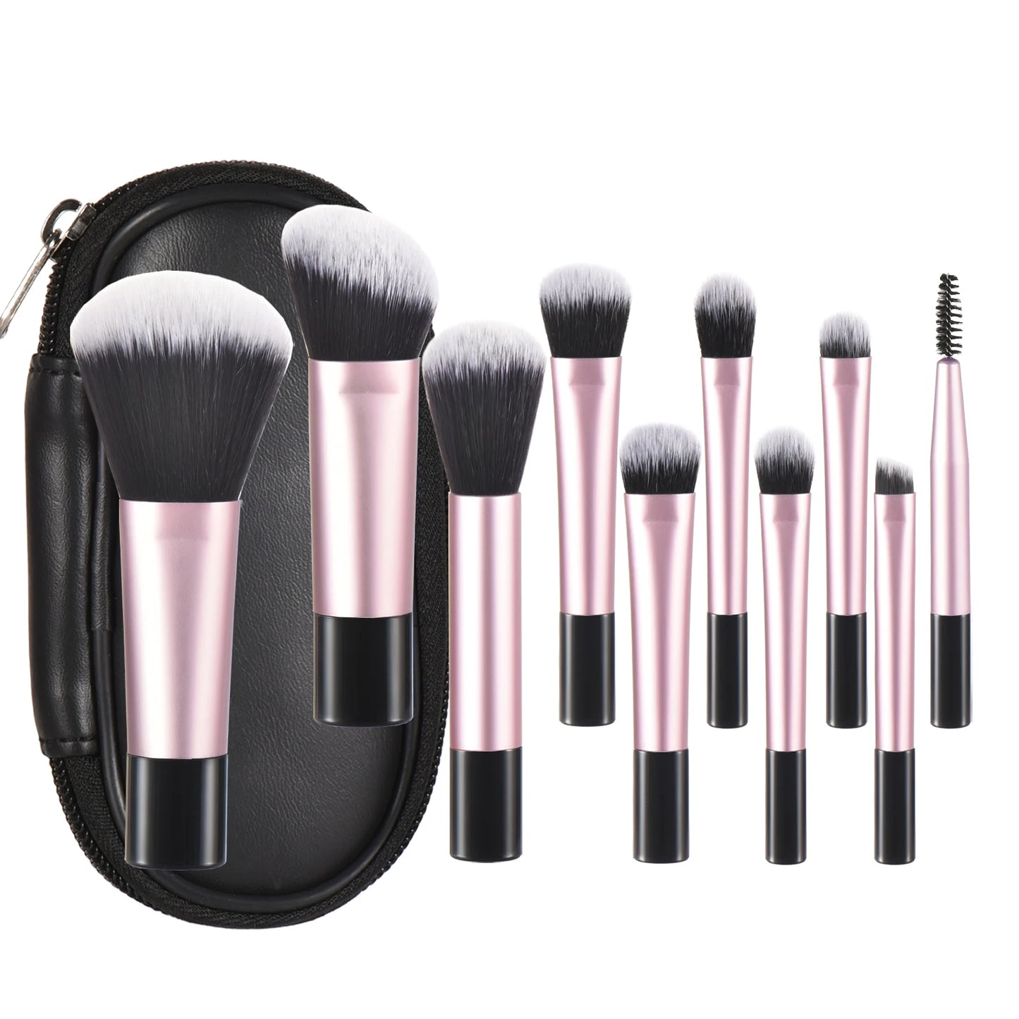 Set of 10 pink mini portable makeup brushes and puffs from amzzonstore, ideal for travel and professional makeup application.