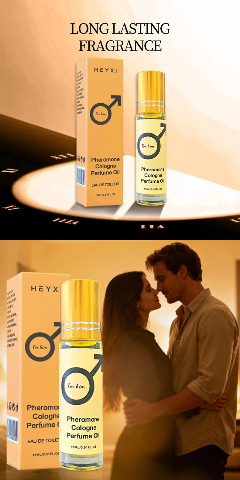 Amzzonstore pheromone cologne perfume oil for men and women, portable travel fragrance with romantic scent, shown in a sleek bottle.