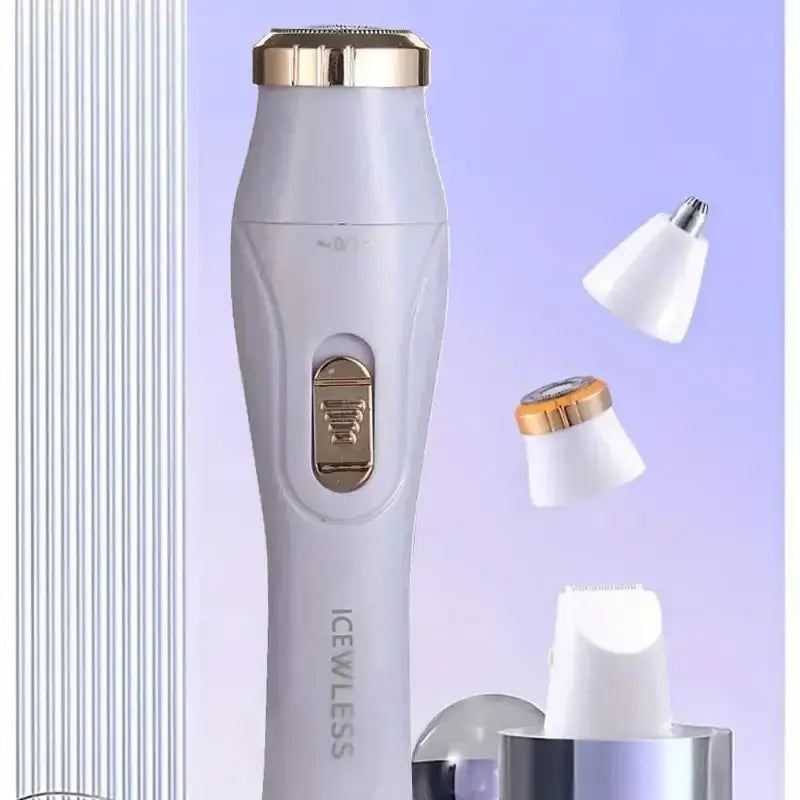 Amzzonstore 3-in-1 electric hair removal set with USB rechargeable nose, underarm, and leg hair trimmer device on a white background.