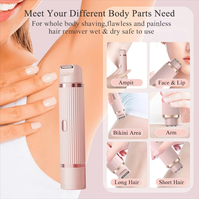 Pink and purple waterproof electric razor for women, bikini trimmer, face shaver, and body hair removal for underarms, legs, and body.