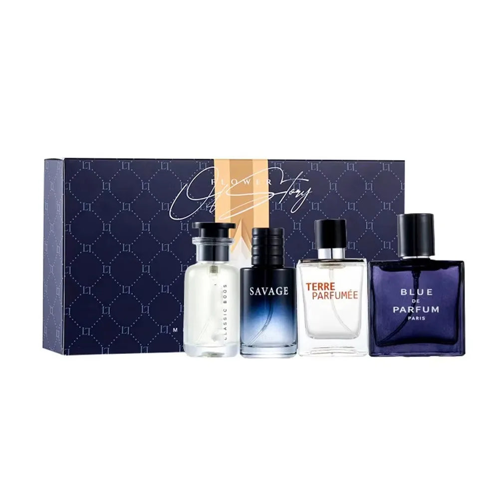 Set of four luxury men's cologne perfumes in gift box, featuring floral and fruity scents, each 100ml by Amazonstore.