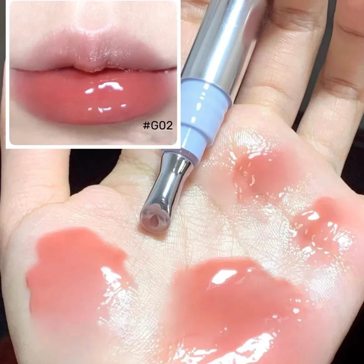 Metal head ice diamond essence lip tint and gloss by amzzonstore showing a water-light glass applicator and moisturizing lip care product