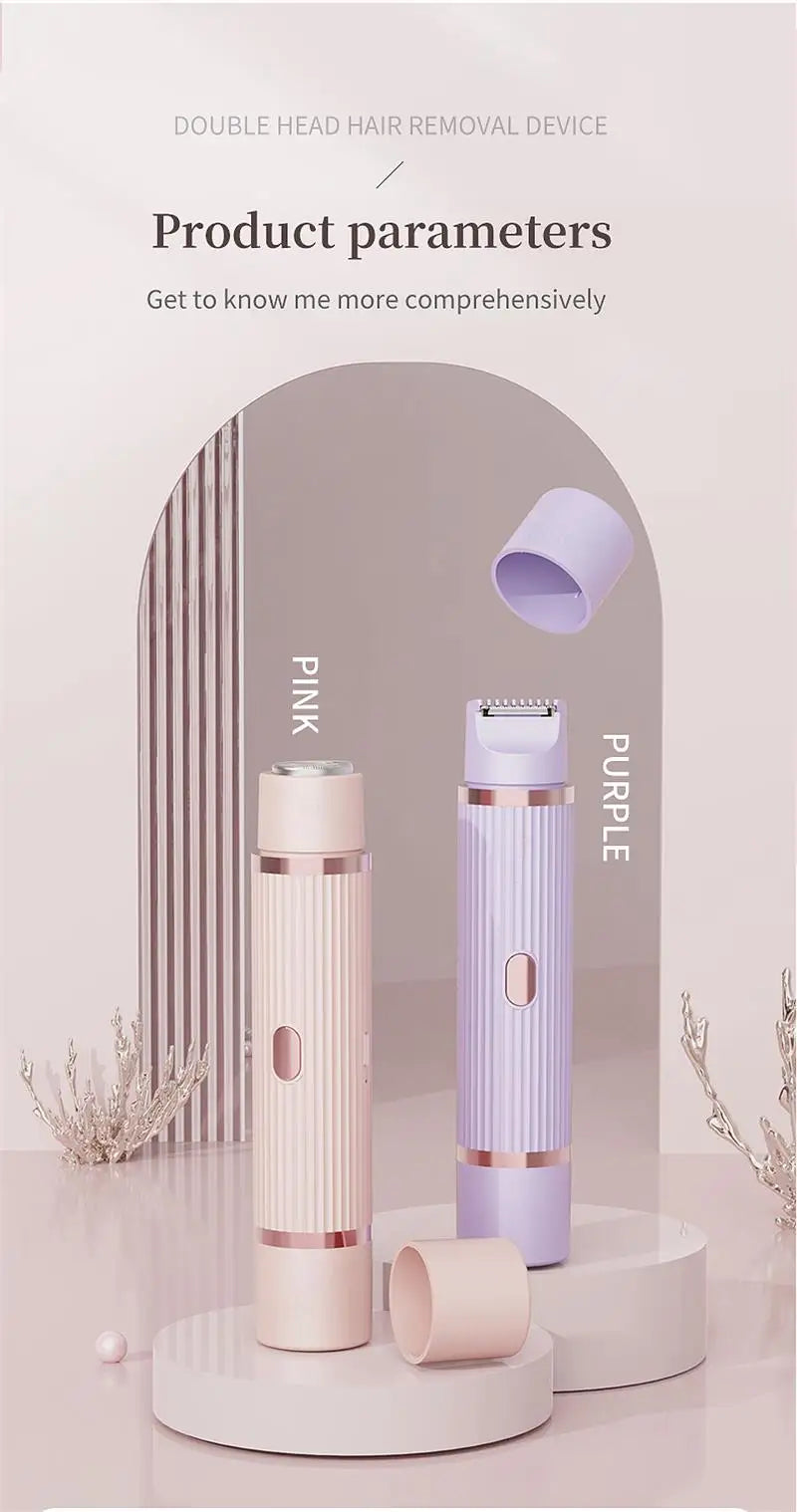 Pink and purple waterproof electric women’s razor with bikini, face, underarm, and leg trimmer for gentle hair removal