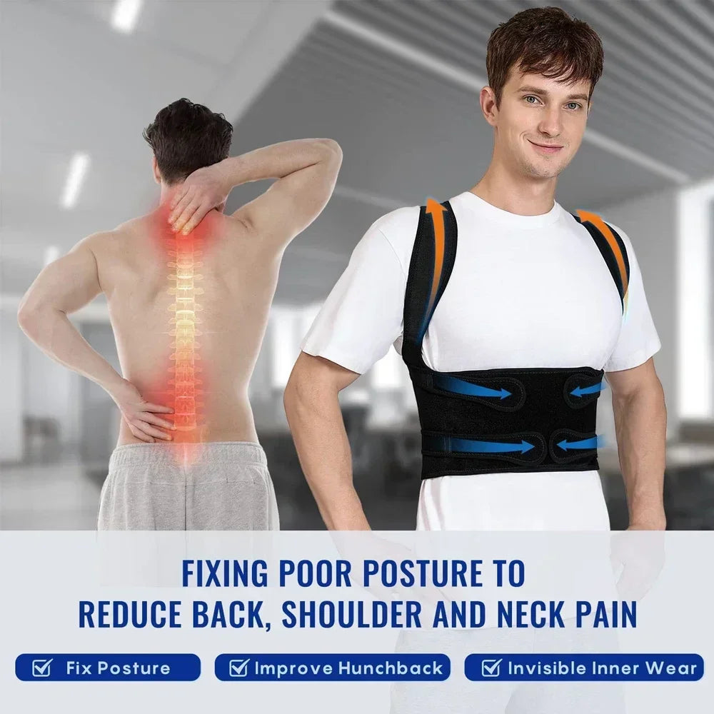 Adjustable posture corrector back brace for men and women, featuring orthopedic straps and spinal support for upper back alignment.