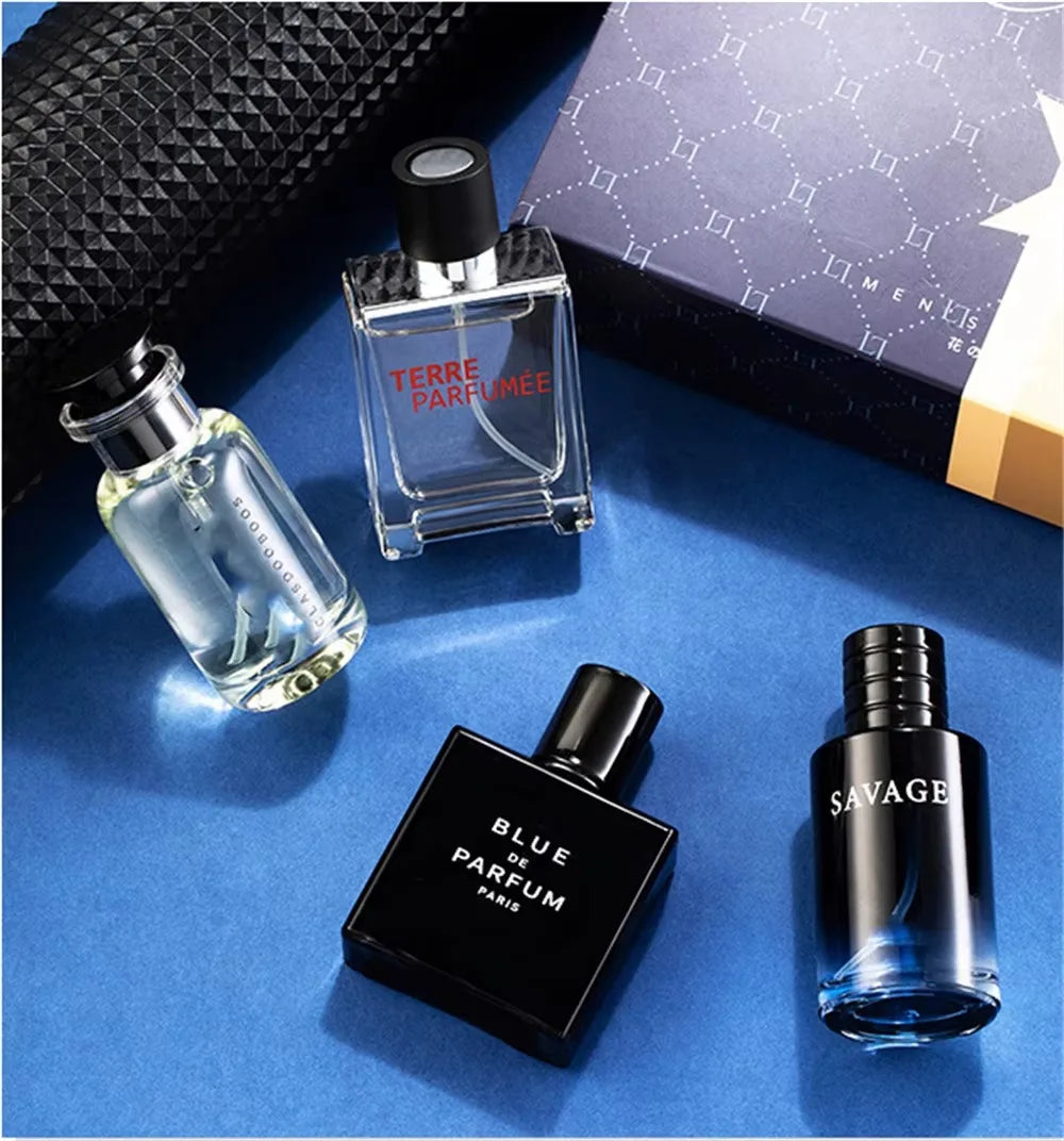 Set of four luxury men's perfume colognes by amzzonstore, featuring floral and fruity scents in 100ml bottles.