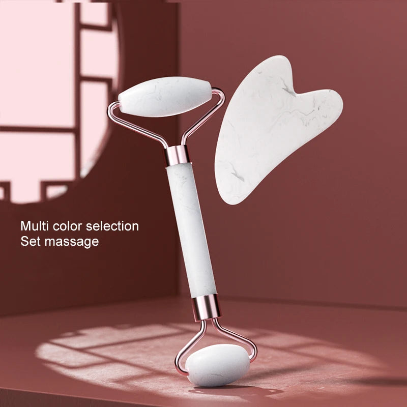 Resin facial roller and Gua Sha scraping board set for face, neck, and eye massage, promoting skin wellness and relaxation.