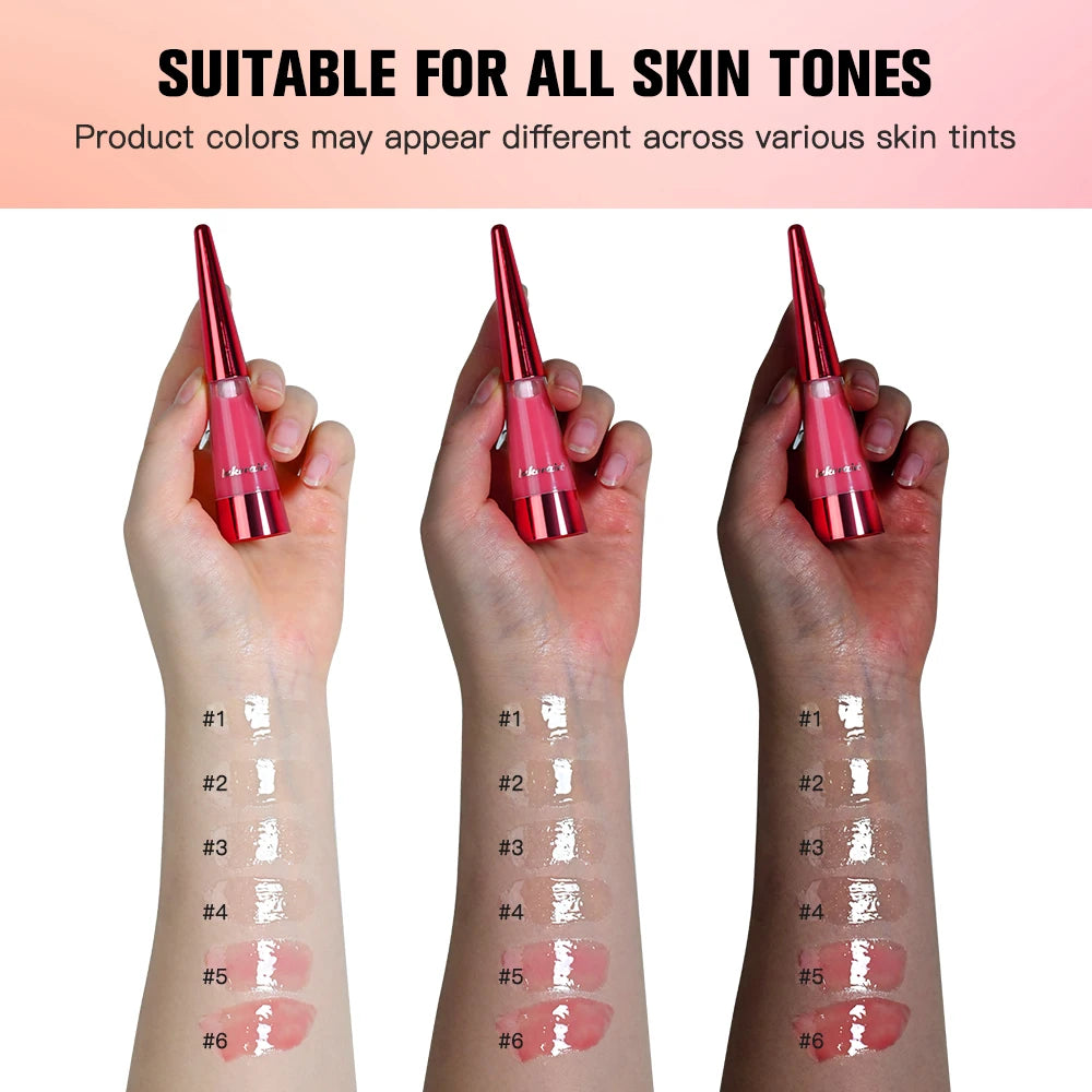 Amzzonstore Lakerain Lip Plumper Gloss Oil showing glossy lips with a shiny, volumizing finish and hydrated appearance.