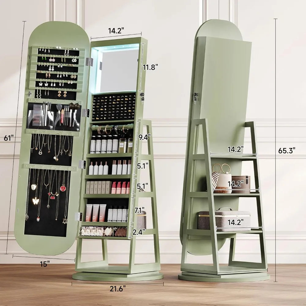 Amzzonstore 360° swivel jewelry mirror cabinet with built-in lights and inside makeup mirror, standing jewelry armoire organizer.